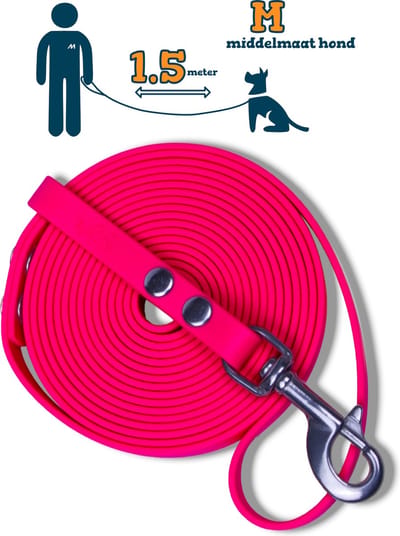 Miqdi hondenriem - BioThane® – neon roze – 1.5 meter lang – 13mm breed – M – middelmaat hond