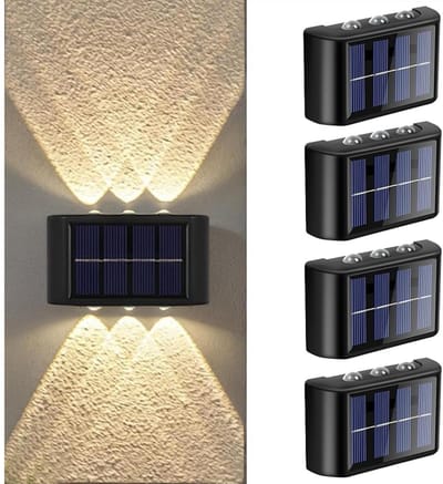 GELLDG Solar wandlampen voor buiten - Set van 4 - Verlichting boven en onder - Met 6 LED-parels - IP65 waterdicht - Warm wit 3000K - 100 lumen - Draadloos ontwerp - Geschikt voor tuinen, balkons, terrassen en trappen