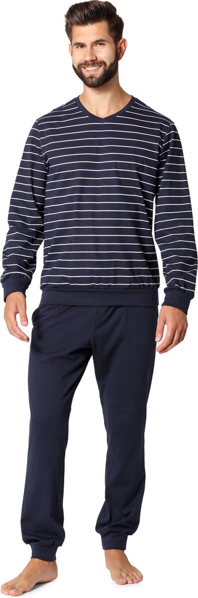 Ladeheid Heren Pyjama - Lange mouwen - Lange broek - Katoen - LA-LA40-220-PJ - Marineblauw Wit - M