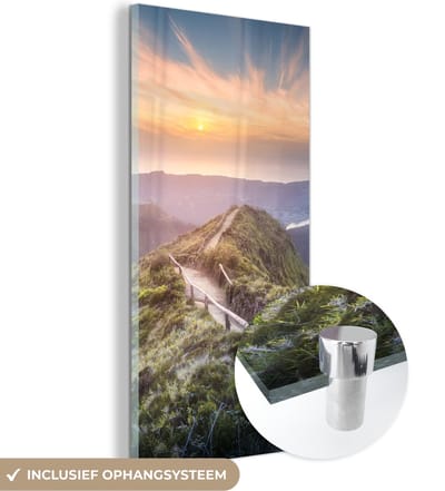 MuchoWow® Glasschilderij 20x40 cm - Schilderij acrylglas - Bergen - Zon - Natuur - Foto op glas - Schilderijen