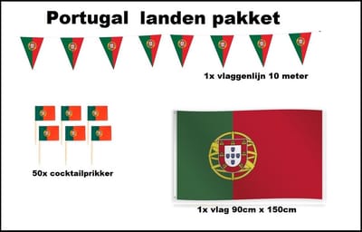 Portugal versiering pakket - Vlag Portugal 150cm x 90cm (1x) - Cocktailprikkers Portugal (50x) - Vlaggenlijn Portugal 1000cm(1x) - WK voetbal festival evenement party decoratie