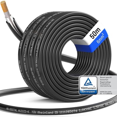 50m Zonne-energie Kabel H1Z2Z2-K 6mm2 UV-bestendig Flexibel PV-Kabel Zwart voor Zonnepanelen en Omvormer