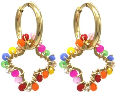 Oorbellen - Klaver met Glaskralen - RVS - 2,6 cm - Goudkleurig en Multicolor