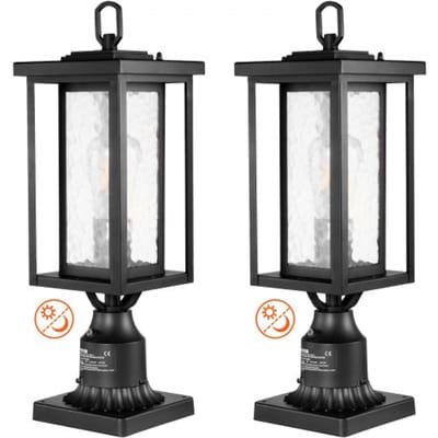 VEVOR 2-pack schemer-tot-zonsopgang buitenlantaarnpalen, 450 mm, waterdichte lantaarnpaallampen met 3,5 inch glazen kap op de paalbevestiging, bliksembestendige buitenlantaarnpaal voor op terras en tuinpad