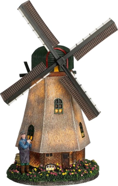 Luville Zaanse Molen Kerstdorpminiatuur - Kerstversiering met Draaiende Wieken en Warm Wit LED-licht - Kerst Decoratie voor je Polderdorp - Werkt op Batterijen - L20 x B14 x H28 cm