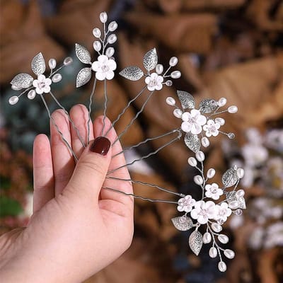 Famanu - Set van 5 bloemen haarclips, bruids sieraden, zilver/parel/strass, voor dames/meisjes