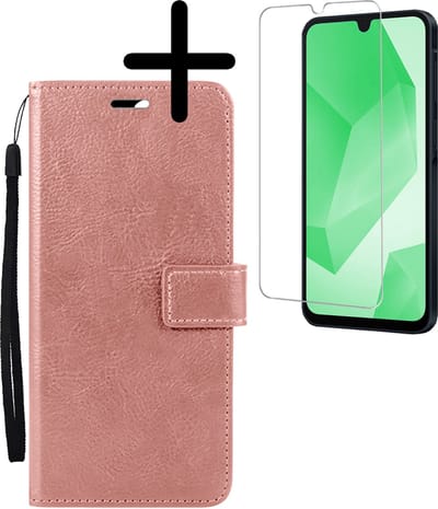 Hoesje Met Screenprotector - Geschikt voor Samsung Galaxy A16 - Luxe Pasjeshouder - Bookcase Portemonee - Flip Case - Kunstleer Book Case - Flipcase - Book Cover - Walletcase - Portemonneehoes - Rosé goud