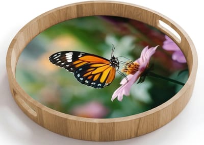 Dienblad rond 40x40 cm - Schootdienblad hout - Roze bloemen - Vlinder - Zachte focus - Borrelplank rechthoek - Plateau houten dienbladen
