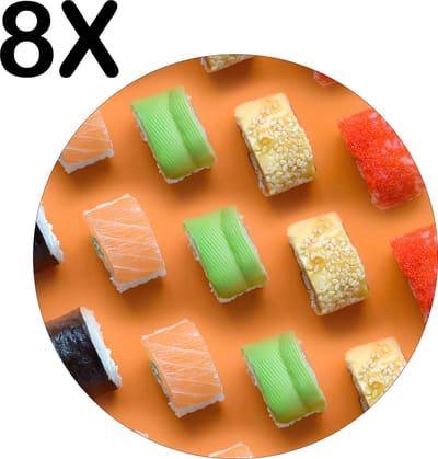 Luxe Ronde Placemat - Verschillende Soorten Sushi op een Oranje Achtergrond - Set van 8 Placemats - 50x50 cm - 2 mm dik Vinyl - Anti Slip - Afneembaar