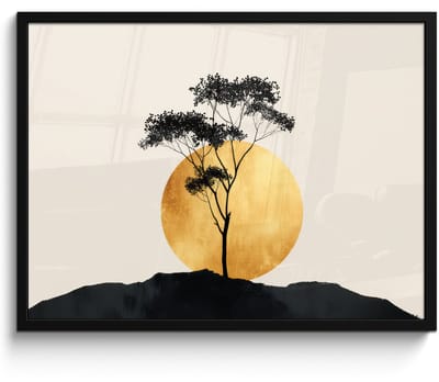 Poster in lijst - Fotolijst 80x60 cm - Posters - Zwarte boom - Gouden cirkel - Heuvel - Posterlijst zwart - Decoratie - Wanddecoratie woonkamer - Muurdecoratie slaapkamer