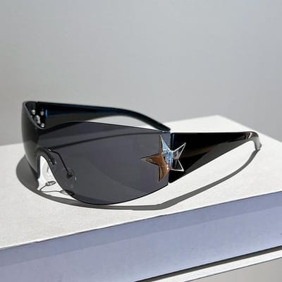 Klassieke Punk Designer Stijl Stijl Y2K Randloze Zonnebril Bril Dames Ster Zonnebril Voor Mannen UV400 Sportbril Eén Stuk Trending Tinten black