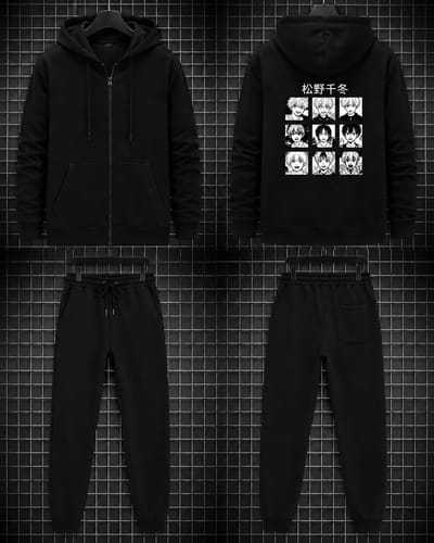 Trainingspak Heren & Dames met Anime Print – Zwarte Hoodie met Joggingbroek – Casual Streetwear Set – Full Zip – XXL