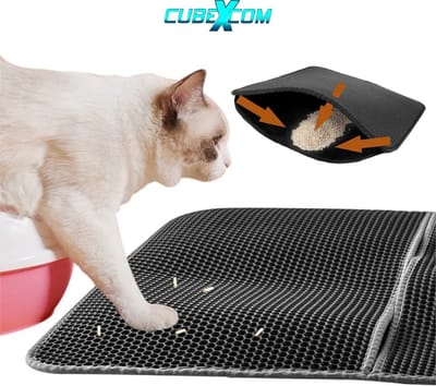 CUBEXCOM® Kattenbakmat, 58 x 33 cm, Kattenbakmat Grit Opvanger, Kattenbakonderlegger, LEREN ZOOL, Dubbellaags, Urine En Waterdicht EVA-Materiaal, Kattenpootdesign, Beschermt Vloer En Tapijt, Gemakkelijk Te Reinigen, Grijs