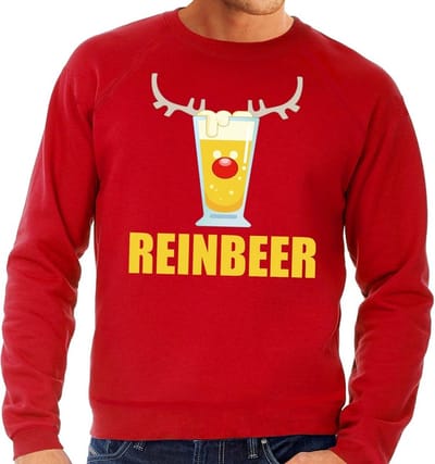 Bellatio Decorations Foute kersttrui - sweater - bierglas Reinbeer - rood - voor heren - Kersttruien - Kleding S
