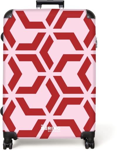 NoBoringSuitcases.com® - Koffer groot - Reiskoffer lichtgewicht - Geometrisch patroon in rood op een lichtroze achtergrond - Rolkoffer met 4 wielen - Grote trolley XL - 98 liter bagage