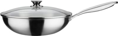 Wokpan met deksel - Oosterse pan - Veelzijdig koken - Drielaags materiaal - 32 cm diameter - Zilverkleurig