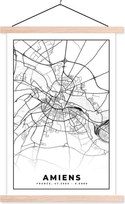 Posterhanger incl. Poster 40x60 cm - Schoolplaat - Plattegrond - Amiens - Kaart - Frankrijk - Stadskaart - Zwart wit - Textielposter - Blanke latten - Stadskaart