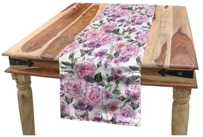 ABAKUHAUS bloementafellopers, zwaluwstaarten en rozen, eetkamerkeuken rechthoekige decoratieve tafelloper, 40 x 180 cm, zachtroze meerkleurig