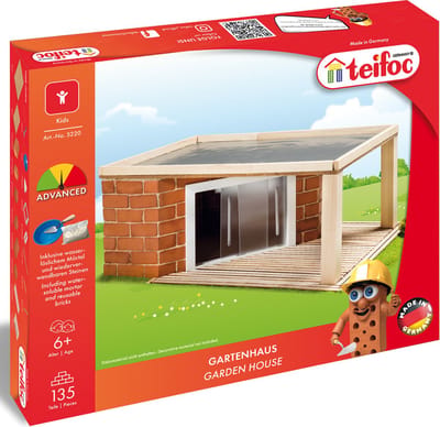 Teifoc® Bouwdoos – Tuinhuis – 135 onderdelen – Echte mini Bakstenen met Cement, Kom en Troffel – Bouwpakket voor kinderen vanaf 6 jaar