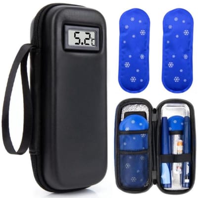 Insuline Koeltas - Diabetes Koeltas met 2 Ijspacks - Om Medicijnen Koud Te Houden - met Thermometer en Temperatuurweergave (Celsius) - Draagbare Koeltas - voor Dagelijks Gebruik en Reizen - Isolerende Insuline Etui voor op Reis - Zwart
