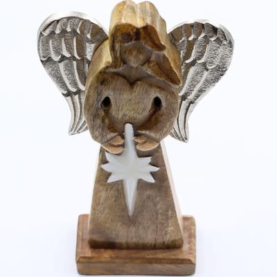 Ancient Wisdom - Decoratief beeld - Engel van mangohout met gouden vleugels - beeldje - interieurdecoratie - cadeau - kerstdecoratie - spiritueel