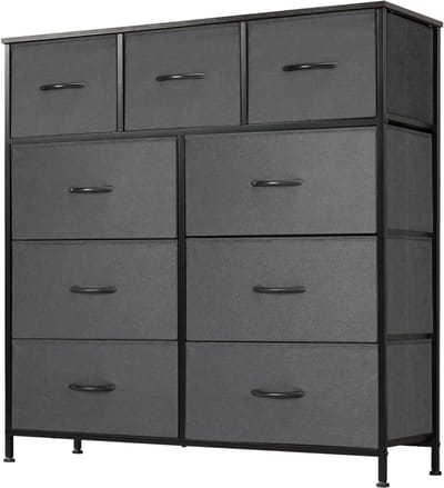 commode voor slaapkamer met 9 stoffen laden, hoge commode, organizer voor kleding, kast, kinderkamer, opbergtoren met kast, metalen frame, houten plaat HMTM-SC-9D-GR