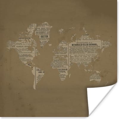 Poster 30x30 cm - Wereldkaart - Bruin - Krant - Posters - Kamer decoratie - Wanddecoratie woonkamer - Muurdecoratie slaapkamer