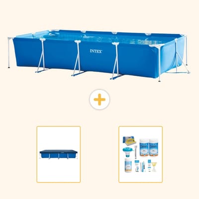Intex Rechthoekig Frame Zwembad - 450 x 220 x 84 cm - Blauw - Inclusief Afdekzeil - Onderhoudspakket - 3-delig