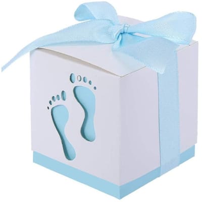 JHUBERS- Gastgeschenkdoosjes 50 x Blauwe Voetafdruk - Snoepdoosjes - Babyshower - Verjaardag - Doop - Feestdecoratie - Duurzaam Karton - Cadeau-doosjes