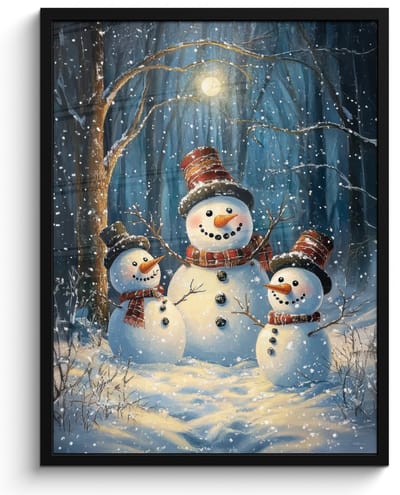 Poster in lijst - Fotolijst 50x70 cm - Posters - Sneeuwpop - Sneeuw - Winter - Bos - Posterlijst zwart - Decoratie - Wanddecoratie woonkamer - Muurdecoratie slaapkamer