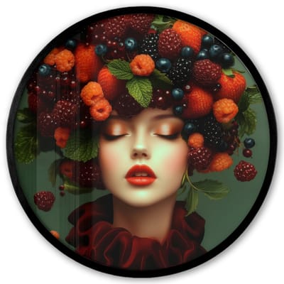 Poster in lijst Rond - Fotolijst 40x40 cm - Posters - Vrouw - Aardbeien - Frambozen - Bramen - Bessen - Ronde posterlijst zwart - Decoratie - Wanddecoratie woonkamer - Muurdecoratie slaapkamer