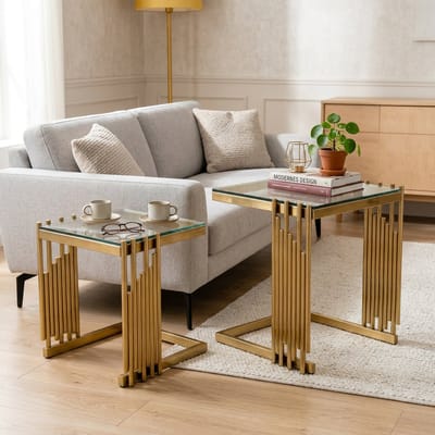 Bijzettafel Set - 2-delig - Modern Vierkant Glas Bijzettafel - Gehard Glas Roestvrij Staal - Goud