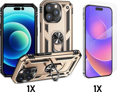 Casemania Hoesje Geschikt voor Apple iPhone 14 Pro - Goud / Glazen Screenprotector - Anti-Shock Hybrid Armor Back Cover - Hoes met Kickstand Ring
