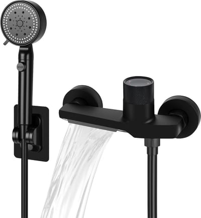 KZQ Badkraan met handdouche – Watervaluitloop – Inclusief doucheaccessoires – 1,5 m PVC-slang & wandhouder – Mengkraan voor warm en koud – Douchekop met 5 standen – Badkraan – Zwart