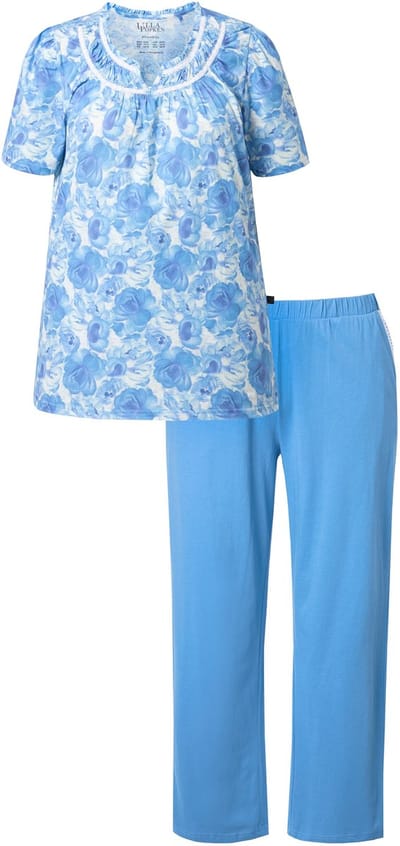 Ulla Popken - Dames - Pyjama rozen kant ronde hals korte mouwen - Hemelsblauw - Maat 42+