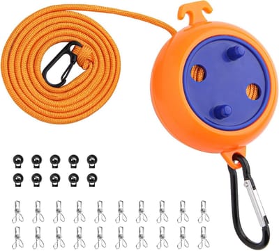 Uitbreidbare 10 meter waslijn met 10 vaste haken en 20 winddichte wasknijpers voor buiten, vakantie en reizen, ideaal voor badkamer, pantry en tuin