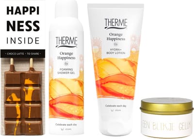 Therme Cadeauset Orange Happiness Geluk & Chocolade - Therme Shower Foaming 200 ml Orange Happiness - Therme Body Lotion 200ml Orange Happiness - Liv 'n Taste Choco Latte Happiness Inside
