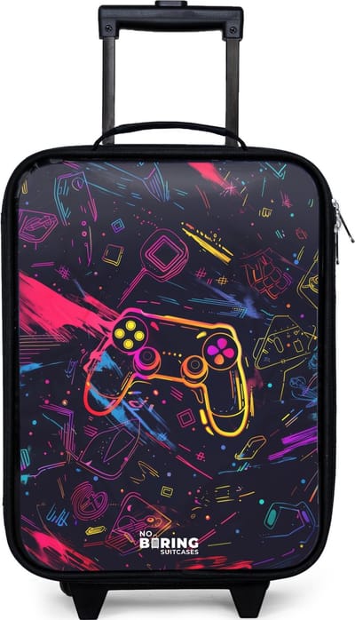 NoBoringSuitcases.com® - Kinderkoffer jongen - Kindertrolley meisje - Gamerwereld in neonstijl - Koffer kind lichtgewicht - Reiskoffer trolley voor kinderen - Koffertje met lichtgevende wieltjes - Rolkoffer zwart