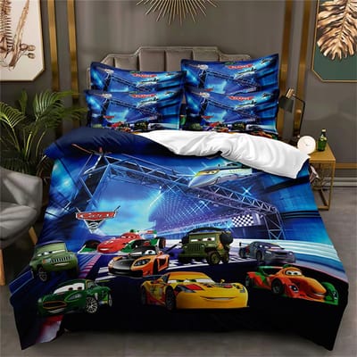 Parures de lit Dessins Animés Voitures Avec 1/2 Taies d'Oreiller, Housse de Couette Lightning Mcqueen Literie pour Garçon Linge de Lit Cadeau pour Enfants Garçons 100x135cm 2pcs