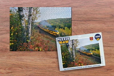 Puzzel Een gele stoomtrein in een groen landschap - Legpuzzel - Puzzel 500 stukjes