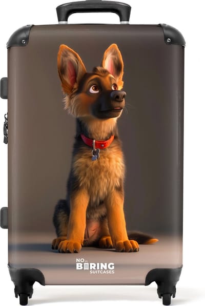 NoBoringSuitcases.com® - Kinderkoffer groot - Kindertrolley koffer - Herdershond puppy met rode halsband - Rolkoffer lichtgewicht - Reiskoffer met 4 wielen - Grote trolley XL - 20 kg bagage