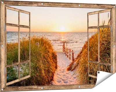 Gards Tuinposter Doorkijk Voetpad in de Duinen met Zonsondergang - 120x80 cm - Tuindoek - Tuindecoratie - Wanddecoratie buiten - Tuinschilderij