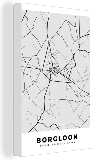 Canvas Schilderij Stadskaart – Plattegrond – België – Zwart Wit – Borgloon – Kaart - 20x30 cm - Wanddecoratie