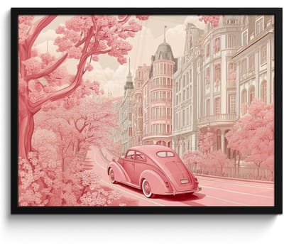 Poster in lijst - Fotolijst 70x50 cm - Posters - City - Car - Pink - Posterlijst zwart - Decoratie - Wanddecoratie woonkamer - Muurdecoratie slaapkamer