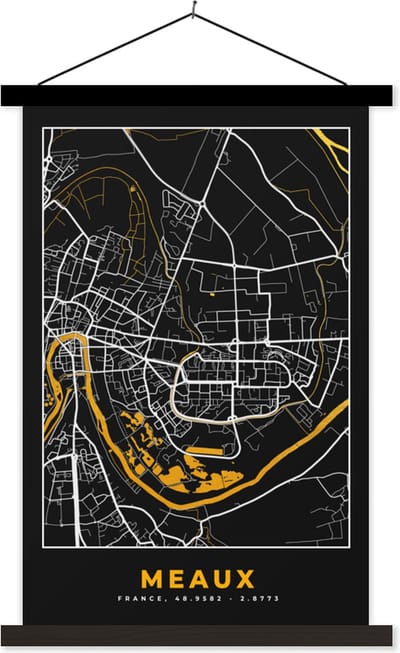 Posterhanger incl. Poster 40x60 cm - Schoolplaat - Plattegrond – Kaart – Stadskaart – Frankrijk – Meaux - Textielposter - Zwarte latten - Stadskaart