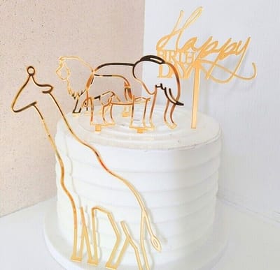 Taart topper set Happy Birthday met giraf, olifant en leeuw, taart acryl 4-delig - topper - happy birthday - giraf - olifant - leeuw