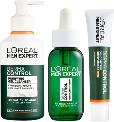 Men Expert Cadeauset Derma Control Skin Care Routine - Men Expert Derma Control Moisturiser Oil Control SPF30 40 ml - Men Expert Derma Control Gel Cleanser Purifying 260ml - Men Expert Derma Control Serum Niacinamide Anti Blemish 30 ml
