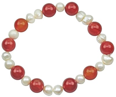Zoetwater parel armband met edelsteen Pearl Red Agate - echte parels - agaat - wit - rood - elastisch - luxe sieraden zakje - parel armband dames - elastisch parel armband - zoetwaterparel