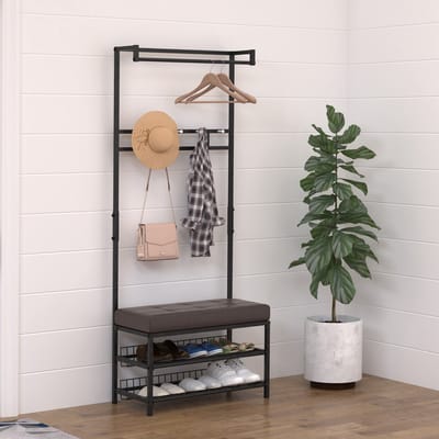 MODFU - Staande Kapstok Met Bank En 2 Schoenenplanken - Compact Ontwerp Voor Hal - Metaal - Zwart - 72,5 x 35 x 180 cm