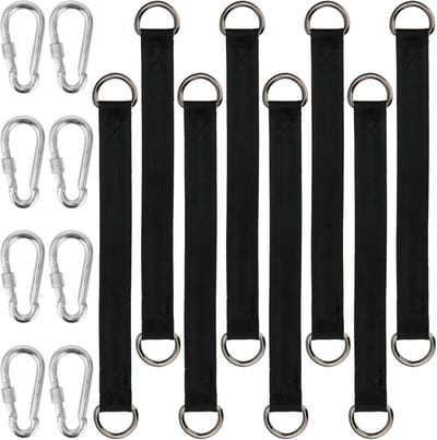 Hangende Riemen Set - Boom Strap Kit - Schommelen en Loungen - 8 Stuks Inclusief Haken - 29x2.5cm - Zwart Zilver